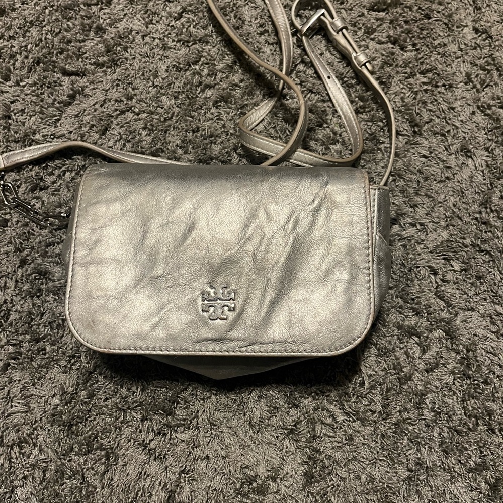Tory Burch silver metallic mini robin-son crossbody/clutch